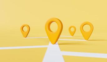 Standortmarkierung mit einem Stift auf einer Karte oder einem Navigationssymbol auf gelbem Hintergrund, Transport- und Reisekonzept. 3D-Rendering. foto