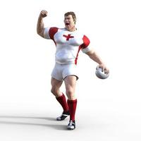 3D-Illustration eines englischen Rugby-Spielers, der mit der Faust die Luft zur Feier pumpt, nachdem er einen Versuch erzielt und das Meisterschafts-Rugby-Match gewonnen hat. ein stilisierter Rugby-Charakter mit Superhelden-Features. foto