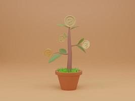 Sämlingspflanze mit Münzblume im Topf auf hellorangefarbenem Hintergrund. langfristiges Geldwachstumskonzept. 3D-Darstellung. foto