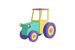 traktor mit rädern im cartoon-stil realistisches design pastellgrün, koralle, gelb, violette farbe. Kinderspielzeug isoliert weißer Hintergrund. minimalistisches Verkehrskonzept. 3D-Rendering. foto
