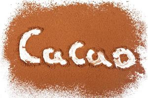 Draufsicht auf gravierte Buchstaben auf Kakaopulveroberfläche auf weißem Hintergrund foto