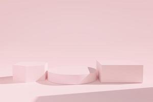 3D-Rendering. drei leere podium minimale abstrakte szene geometrische form auf rosa hintergrund. 3D-Podiumsmodell oder Plattform für die Präsentation kosmetischer Produkte. foto