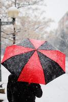 Frau, die einen schwarzen und roten Regenschirm unter Schnee hält foto