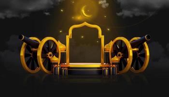 luxus-ramadan-gruß-hintergrundbanner mit 3d-podium-geschenkboxen und islamischen dekorationsobjekten foto