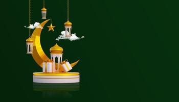 luxus-ramadan-gruß-hintergrundbanner mit 3d-podium-geschenkboxen und islamischen dekorationsobjekten