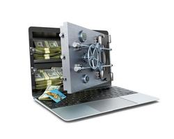 Ein Konzept eines Laptops mit einer geöffneten Safetür anstelle eines Bildschirms und mit Geld in einem Lager hinter der Tür, 3D-Illustration foto