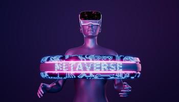 3D-Mädchen mit futuristischer vr-Brille und Metaverse-Ring foto