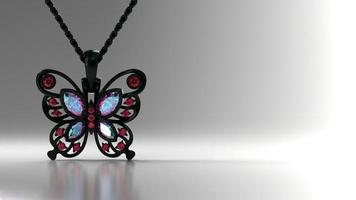 Wunderschöner Schmetterlingsanhänger 3D-Rendering in Schwarzgold und Alexandrit foto