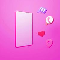 smartphone mit leerem bildschirm mit funktionen minimale zusammensetzung 3d-rendering werbung mobiles gerät social media marketing auf rosa hintergrund foto