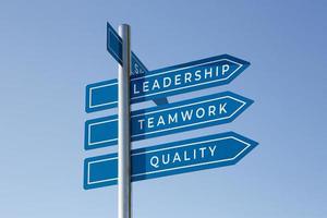 Führung, Teamwork und Qualitätsworte auf Wegweiser isoliert auf Himmelshintergrund. Management-Erfolgskonzept foto