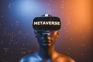 Mädchen mit Virtual-Reality-Brille mit dem Wort Metaverse foto