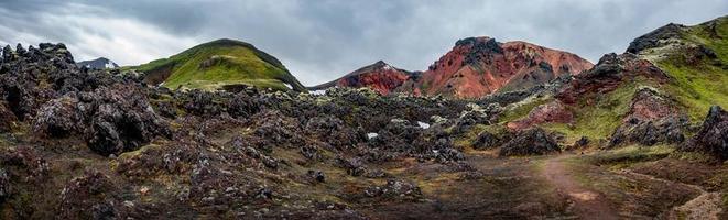 wunderschöne isländische panoramische landschaft mit farbenfrohen regenbogenvulkanischen landmannalaugar-bergen, am berühmten laugavegur-wanderweg mit dramatischem schneebedecktem himmel und roter vulkanerde in island. foto
