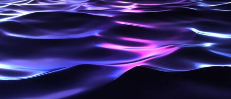 dunkle Neonwellen mit Fackeln der nächtlichen Stadtoberfläche. violettes laserwasser 3d-rendering spritzt mit blauen lichtern der urbanen futuristik foto