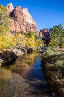 jungfräulicher Fluss, der sich durch die Berge von Zion schlängelt foto