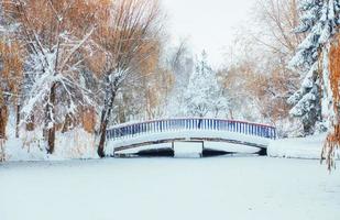 Brücke über den Fluss im Winter. foto