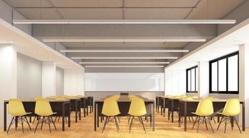 Loft-Klassenzimmer mit Tisch- und Stuhlgarnitur, Whiteboard und grauer Putzwand. 3D-Rendering foto