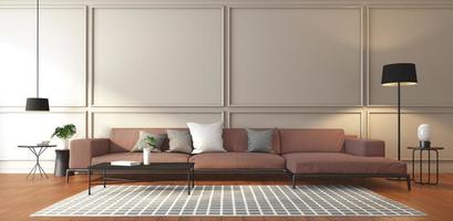 Luxus-Wohnzimmer mit modernem Sofa und Couchtisch, Wandgesims und Holzboden. 3D-Rendering foto