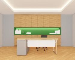 Arbeitsbereich mit Tisch und Stuhl, Regal und Schrank. 3D-Rendering foto