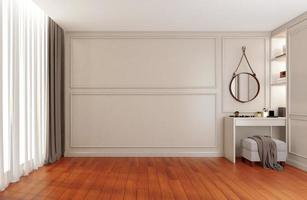 Modernes, luxuriöses, leeres Zimmer mit Schminktisch, Wandgesims und Holzboden. 3D-Rendering foto