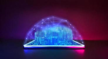 Zukunftstechnologie Cyberpunk-Neonfarbe des Mobiltelefons mit City-Pop-Hologramm-Technologie mit Netzwerkleitungsverbindung. foto