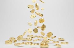 Goldmünzen mit Dollarzeichen, die isoliert auf weißem Hintergrund fallen oder fliegen. Jackpot- oder Casino-Poke-Konzept. 3D-Rendering. foto