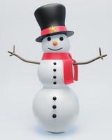 Der Schneemann trägt einen schwarzen Hut, rote Stoffstreifen und einen roten Schal. für die Winter-, Weihnachts- und Neujahrsfeste. 3-teiliger Schneemann mit schwarzen Augen und einem Smiley-Gesicht. auf weißem Hintergrund foto