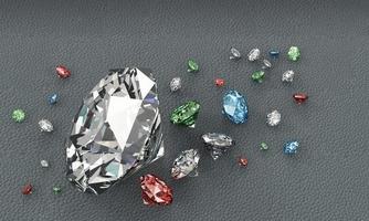 mehrfarbige diamanten auf lederoberfläche aus 3d-rendering. Konzentrieren Sie sich auf den großen Diamanten und verwischen Sie ihn klein. foto