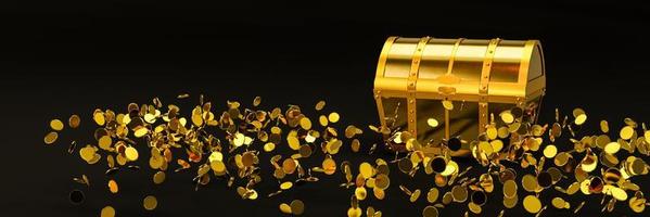 viele verteilen Goldmünzen flogen aus der Schatztruhe. eine Schatzkiste aus Gold, luxuriös, teuer. Eine alte Schatzkiste, die mit ausgeworfenen Goldmünzen geöffnet wurde. 3D-Rendering. foto