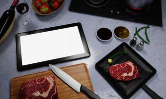 online kochen lernen. wie man Essen und Rezepte aus dem Internet kocht. Fleisch zum Kochen von Steak in der Pfanne. es gibt Butter und Pfeffer. Computer oder Tablet zum Online-Lernen in der Küche. 3D-Rendering foto