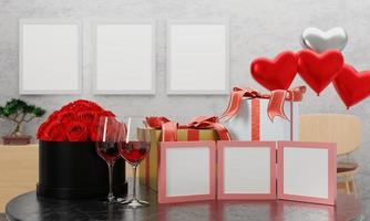 weißer leerer fotorahmen auf einem tisch mit einer geschenkbox und einem glas wein für die feier des paares. eine rote Rose, die Sie Ihrem Geliebten schenken können. herzförmige Luftballons als background.3d-Rendering foto