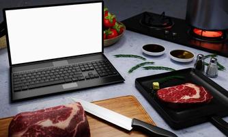 online kochen lernen. wie man Essen und Rezepte aus dem Internet kocht. Fleisch zum Kochen von Steak in der Pfanne. es gibt Butter und Pfeffer. Computer oder Laptop zum Online-Lernen in der Küche. 3D-Rendering