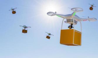 Paketzustelldienst per Drohne. Liefertechnologie mit mehreren Drohnen am Himmel. Boxen werden über Online-Shopping während des Lockdowns geliefert oder arbeiten von zu Hause aus. 3D-Rendering. foto