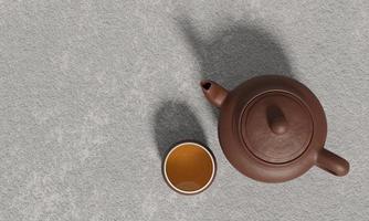 braune Teekanne aus Ton und eine Teetasse oder Teetasse aus Ton, innen weiß mit goldgelbem Tee auf der Zementoberfläche oder weißer Putz hat einen durch Sonnenlicht verursachten Schatten. 3D-Rendering. foto