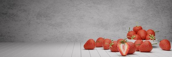 Panorama Viele frische Erdbeeren in einer weißen Keramiktasse und auf einem weißen Holzboden. Erdbeeren halbiert auf einem weißen Holztisch. weißer Putz. 3D-Rendering. foto