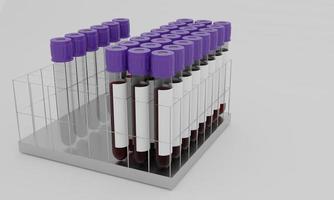 Reagenzgläser mit Blut und leeres Etikett isoliert auf weißem Hintergrund. konzept zum testen des corona-virus. 3D-Rendering.
