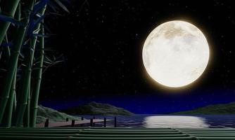 Vollmondnacht oder Supermond, der sich auf dem Meer widerspiegelt. Es gibt eine Kulisse aus Bambus. Das Bild im Zen-Stil sieht ruhig aus, Mondtag oder das Mittherbstfest. 3D-Rendering foto