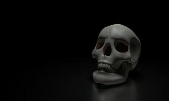 Menschliches Schädelmodell, sauberer Schädelkopf, platziert auf einer glänzenden Oberfläche und einem schwarzen Hintergrund. 3D-Rendering foto