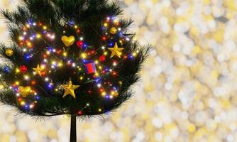 dekorative kiefern für die weihnachtszeit, dekorative kugeln und blinkende lichter, neujahrs- und weihnachtsfeiern. glitzernder goldener heller hintergrund bokeh freude. 3D-Rendering. foto