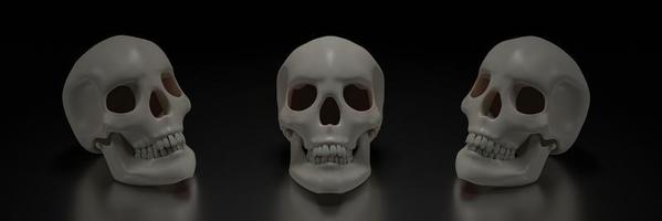 Menschliches Schädelmodell, sauberer Schädelkopf, platziert auf einer glänzenden Oberfläche und einem schwarzen Hintergrund. 3D-Rendering foto
