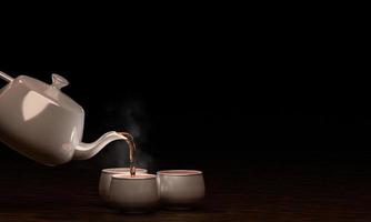 Weiße Teetasse aus Keramik auf einer Holzoberfläche und schwarzem Hintergrund, gießen Sie den Tee aus der Kanne auf die Tasse. 3D-Rendering foto