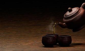 Teetasse aus Ton oder Keramik auf einer Holzoberfläche und schwarzem Hintergrund, gießen Sie den Tee aus der Kanne auf die Tasse. 3D-Rendering foto