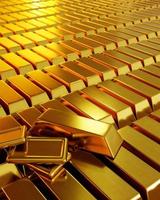 Viele Goldbarren sind in einer Reihe angeordnet und angeordnet. vermittelt Geschäftsfelder und Gold oder Aktienmärkte und Luxus. 3D-Rendering. foto