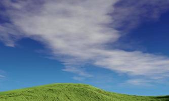 blauer Himmel und schöne Wolke mit Wiesenbaum. schlichter Landschaftshintergrund für Sommerposter. die beste Aussicht für den Urlaub. Bild der grünen Wiese und des blauen Himmels mit weißen Wolken foto