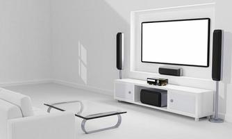 Heimkino und Fernsehbildschirm im Wohnzimmer. großer Wandbildschirm, Fernseher und Audiogeräte für Mini-Heimkino mit Surround-Lautsprechersystem im Zimmer, weißer Marmorboden. 3D-Rendering. foto