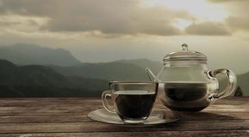 schwarzer kaffee in klarer kaffeetasse und topf auf holztisch mit blick auf die berge. 3D-Rendering. foto