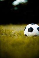 ball auf dem rasen in einem gelben feld auf dem fußballfeld bereit zur bestrafung. und starte aktiv Fußball foto