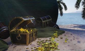 Goldmünzen werden aus Kisten oder Schatztruhen verstreut. hölzerne Schatzkiste am Strand einer einsamen Insel zum Thema Piratenschatz. 3D-Rendering foto