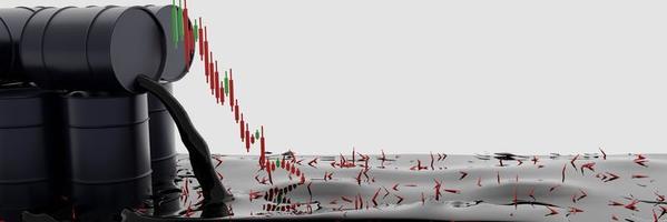 öl wird aus dem schwarzen fass mit aktiendiagramm gegossen. fallender rohölpreis im börsenkonzept. isoliert auf weißem Hintergrund. 3D-Rendering. foto