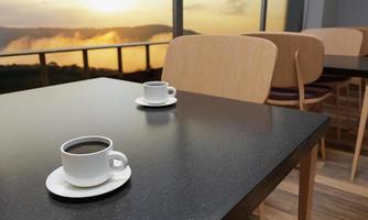 Restaurant oder Café. Die Landschaft draußen ist neblige Berge und Sonnenschein am Morgen. eine weiße Kaffeetasse. marmortischplatte mit holzstühlen, bodenbelag mit parkett.3drendering