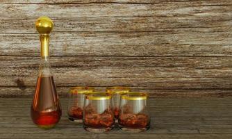 Luxus-Likörflasche oder Whiskyflasche, rautenförmiger Deckel mit goldenem Streifen und eine volle Flasche trinken ein klares Whiskyglas mit Alkohol im Glas. 3D-Rendering. foto